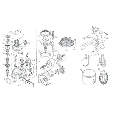 Engrenage 44mm 20 dents arbre 16mm Pétrisseur mélangeur Nro.26 B20F Nro.7 M20A Nro.96 B20B