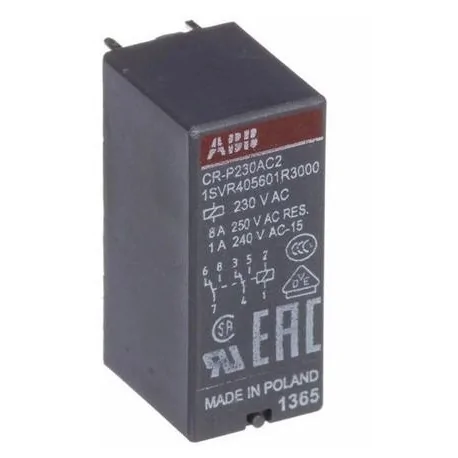Print relay ABB 250V AC 2CO at 250V 8A connection pins raster size 5mm CR-P230AC2 1SVR405601R3000
