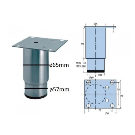 Pied réglable inox cylindrique en acier fixe et...
