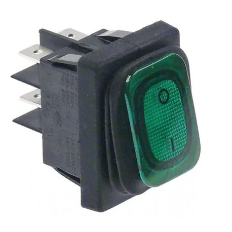 Interrupteur à bascule 30x22mm vert 2NO 230V 16A lumineux 0-I raccord cosse mâle 6,3mm 345645