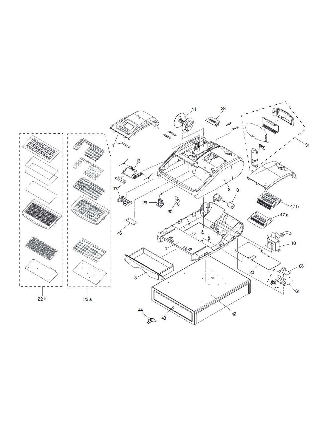 Complete drawer Olivetti ECR-6800-6900 black Exploded view number 42-43 ...