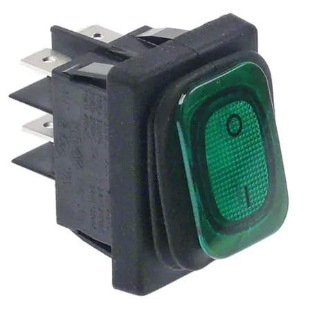 Interrupteur à bascule 30x22mm vert 2NO 230V 20A lumineux 0-I raccord cosse mâle 6,3mm 347791