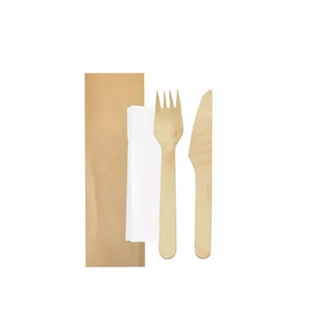 Serviette en bois, couteau et fourchette (sac de 100 unités)