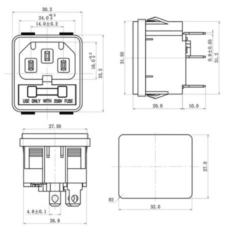 C14 IEC320 3-pin connector with fuse holder...