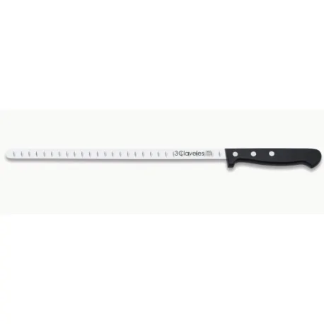 Narrow, rounded-tip ham knife with hollow center.