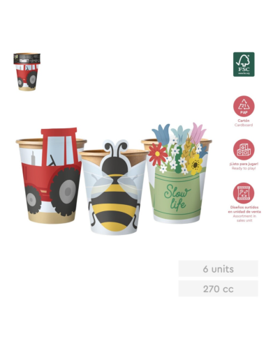 6 Vasos de Cartón 3D Animales de la Granja 270ml | Fiesta 1er Cumple