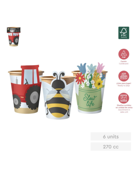 6 Vasos de Cartón 3D Animales de la Granja 270ml | Fiesta 1er Cumple