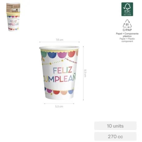 Vaso cartón 270cc - 9oz GLOBOS (10 uds)