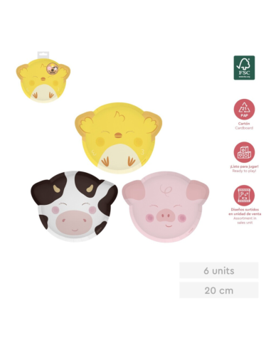 6 Platos Surtidos Animales de la Granja 20x25 cm | Cumpleaños 1 Año