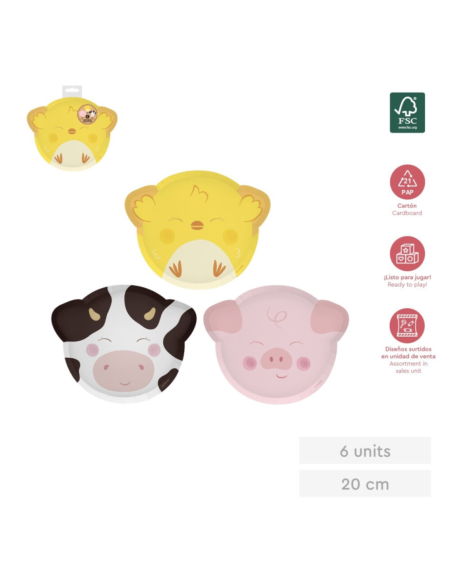 6 Platos Surtidos Animales de la Granja 20x25 cm | Cumpleaños 1 Año