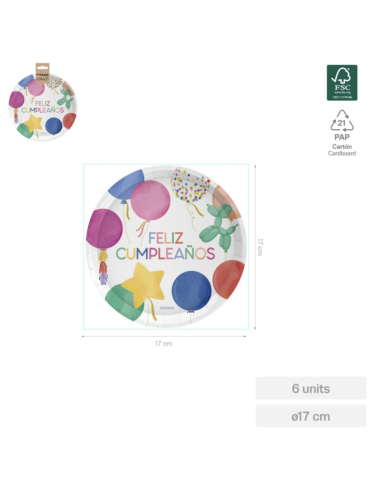 Assiette à dessert plate en carton 17 cm GLOBOS (6 unités)