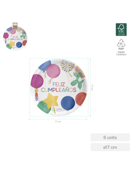 Assiette à dessert plate en carton 17 cm GLOBOS (6 unités)