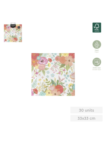 Serviettes en papier 2C à motif floral HADAS 33x33 cm (30 unités)