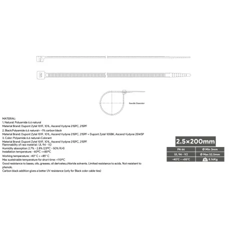 White Nylon Cable Tie 200x2.5 mm 100 units...