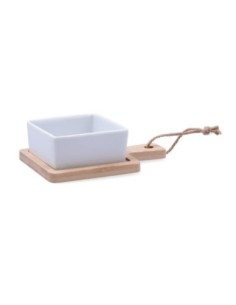 Bamboo appetizer board with square ceramic