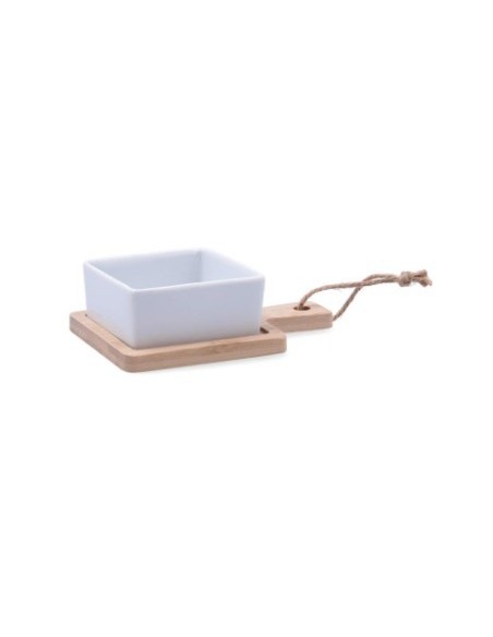 Bamboo appetizer board with square ceramic