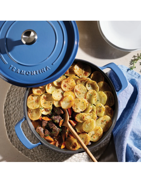 Low casserole dish with lid made of blue enamelled cast iron