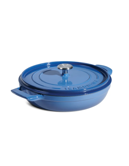 Low casserole dish with lid made of blue enamelled cast iron