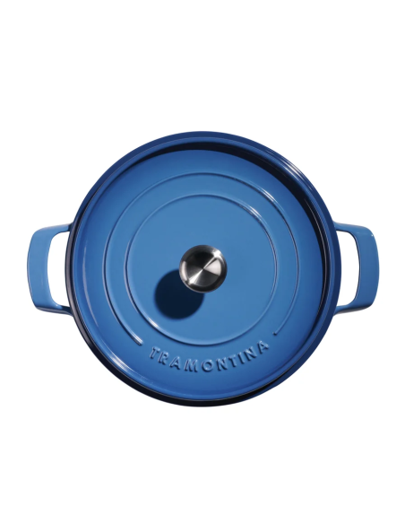Low casserole dish with lid made of blue enamelled cast iron