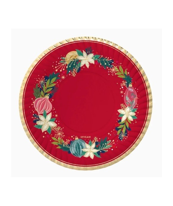 Plato llano redondo rojo con adornos oro Ø23cm cartón (6 ud) FSC MIX 70%