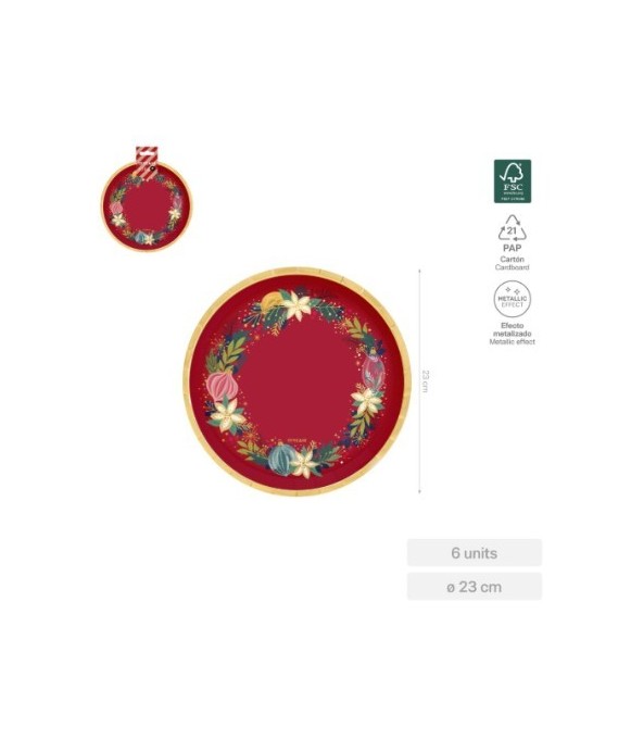 Plato llano redondo rojo con adornos oro Ø23cm cartón (6 ud) FSC MIX 70%