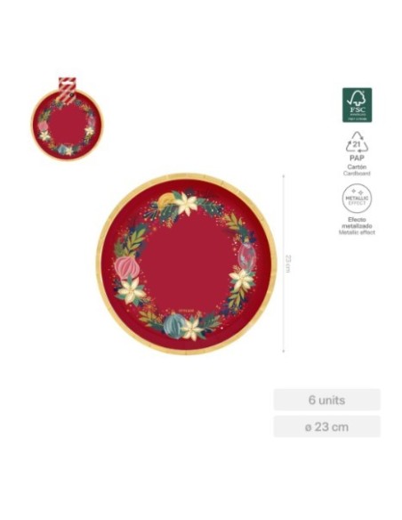 Assiette plate ronde rouge avec motifs dorés Ø 23 cm en carton (6 unités) FSC MIX 70 %