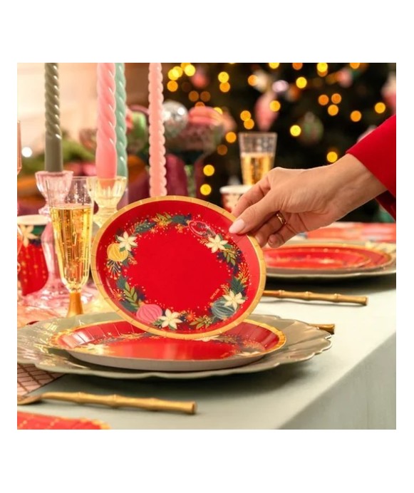 Round red dinner plate with gold decorations, Ø17cm, cardboard (6 units), FSC MIX 70%