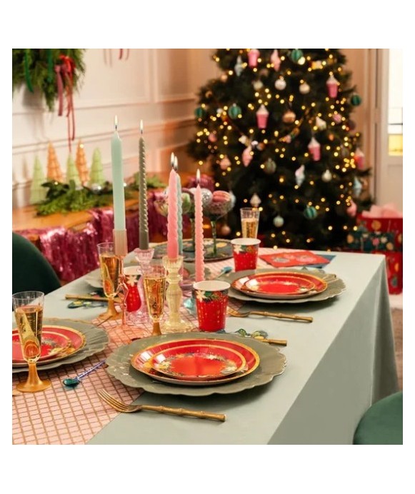 Round red dinner plate with gold decorations, Ø17cm, cardboard (6 units), FSC MIX 70%