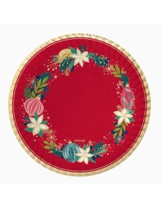 Plato llano redondo rojo con adornos oro Ø17cm cartón (6 ud) FSC MIX 70%