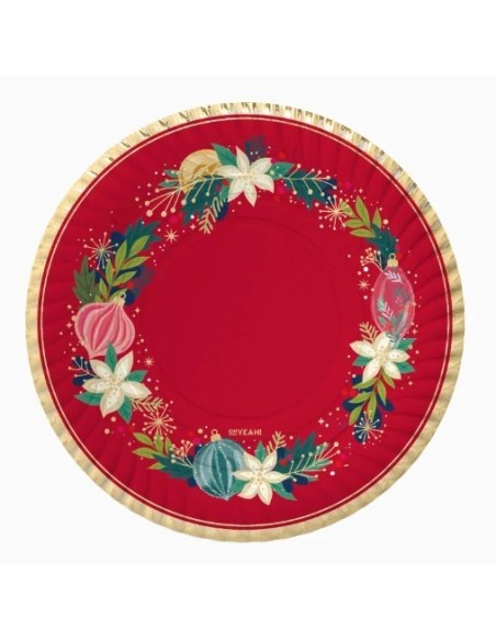 Plato llano redondo rojo con adornos oro Ø17cm cartón (6 ud) FSC MIX 70%