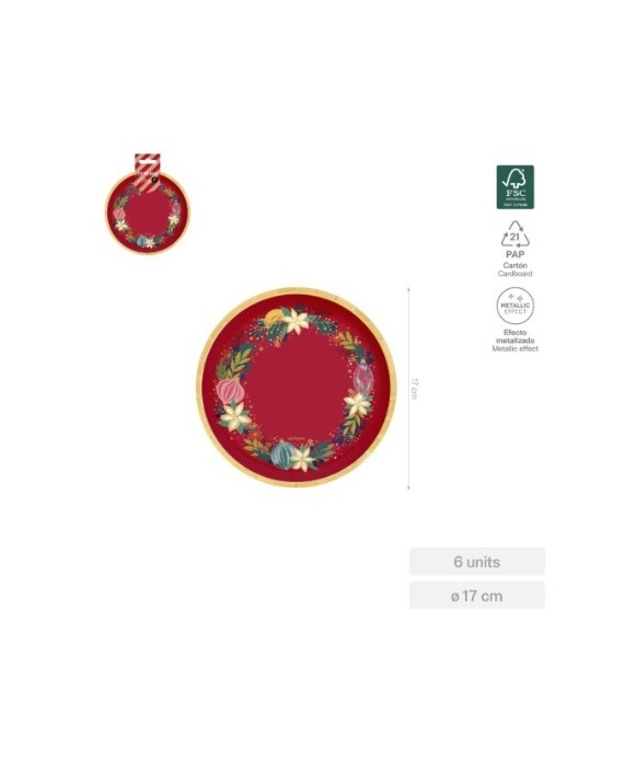 Plato llano redondo rojo con adornos oro Ø17cm cartón (6 ud) FSC MIX 70%