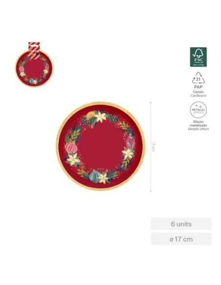 Plato llano redondo rojo con adornos oro Ø17cm cartón (6 ud) FSC MIX 70%