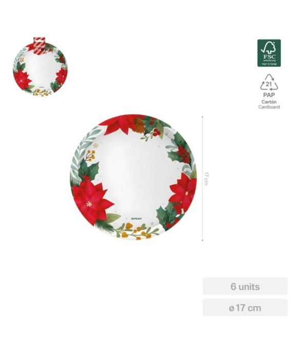 Round dinner plate, Poinsettia design, Ø17 cm, cardboard (6 units), FSC MIX 70%