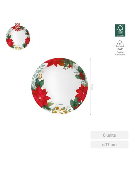 Assiette plate ronde « Étoile de Noël » Ø 17 cm en carton (6 unités) FSC MIX 70 %