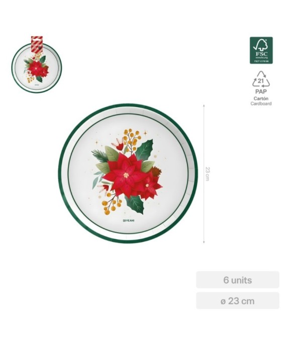 Plato llano redondo Flor de Pascua Ø23cm cartón (6 ud) FSC MIX 70%