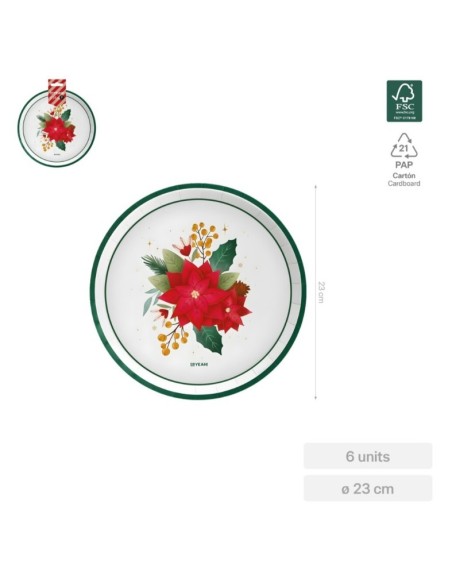 Plato llano redondo Flor de Pascua Ø23cm cartón (6 ud) FSC MIX 70%