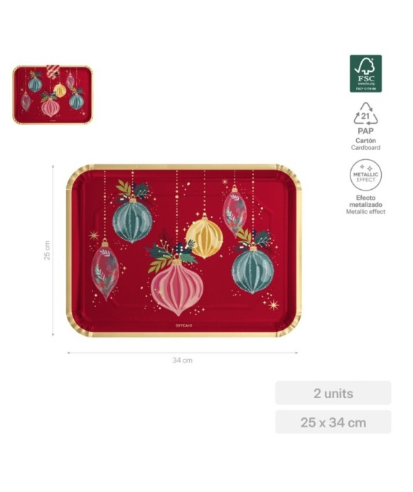 Bandeja cartón roja adornos de Navidad 25x34cm (2 uds) FSC MIX 70%