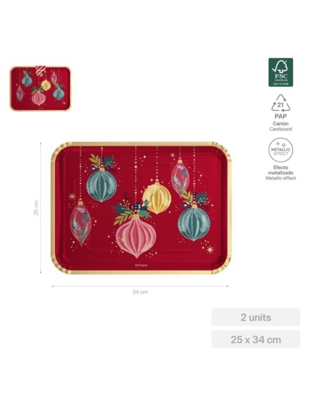 Bandeja cartón roja adornos de Navidad 25x34cm (2 uds) FSC MIX 70%