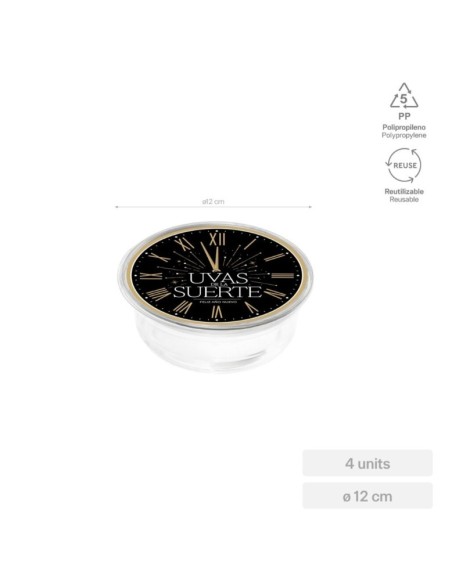 Récipient à raisins réutilisable, design horloge, Ø 11,6 cm, 250 cc (8 oz), avec couvercle (lot de 4)