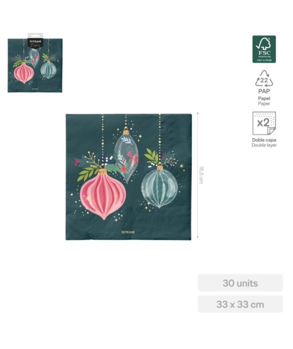 Servilleta doble capa verde adornos Navidad 33x33 cm FSC MIX 70% (30 ud)