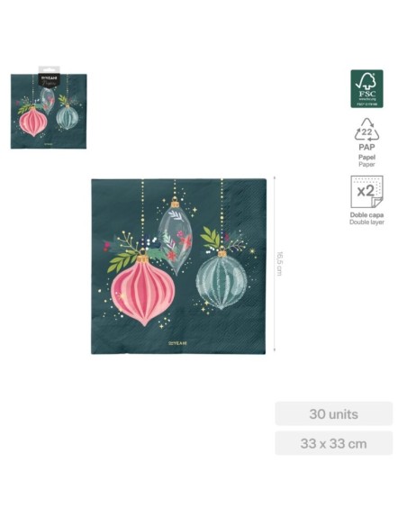 Servilleta doble capa verde adornos Navidad 33x33 cm FSC MIX 70% (30 ud)