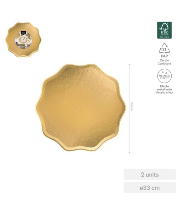 "Cloud" gold-colored metallic flat cardboard charger plate, Ø 33 cm (2 units)