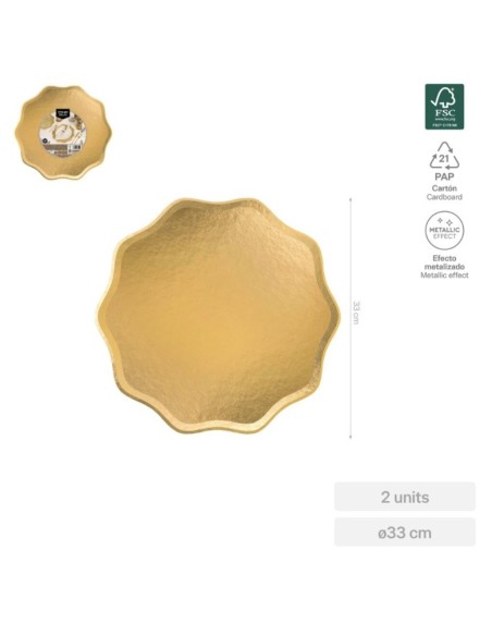 "Cloud" gold-colored metallic flat cardboard charger plate, Ø 33 cm (2 units)