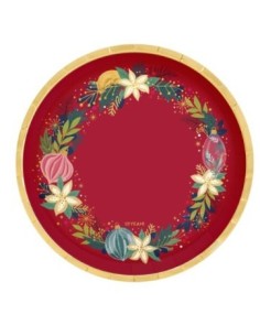 Assiette plate ronde rouge avec motifs dorés Ø17 cm en carton (6 unités) FSC MIX 70 %