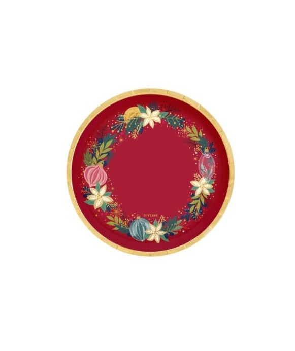 Round red dinner plate with gold decorations, Ø17cm, cardboard (6 units), FSC MIX 70%