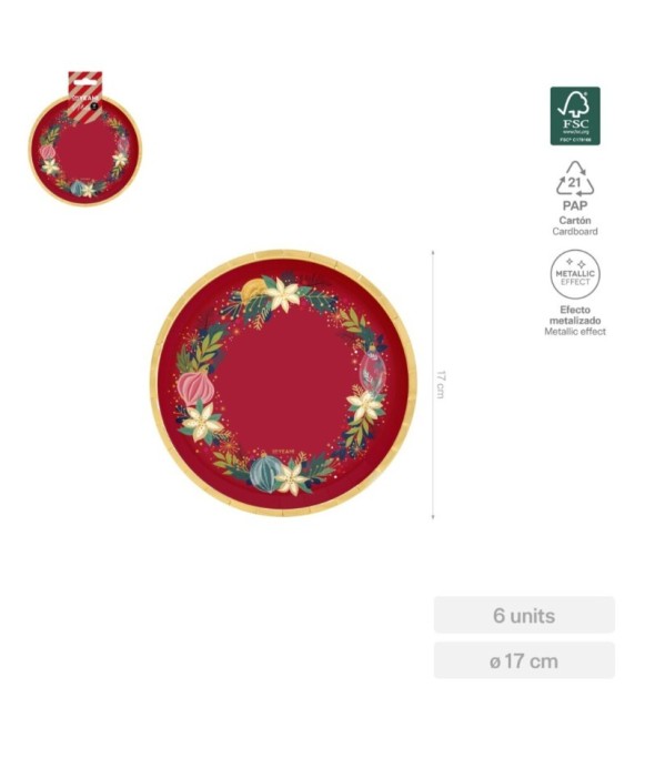 Round red dinner plate with gold decorations, Ø17cm, cardboard (6 units), FSC MIX 70%