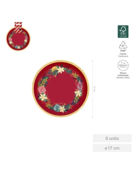 Assiette plate ronde rouge avec motifs dorés Ø17 cm en carton (6 unités) FSC MIX 70 %