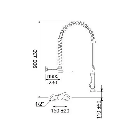 ducha para vajilla con grifo mural manilla corta sin grifo orientable empalme ½" versión con grifo mural