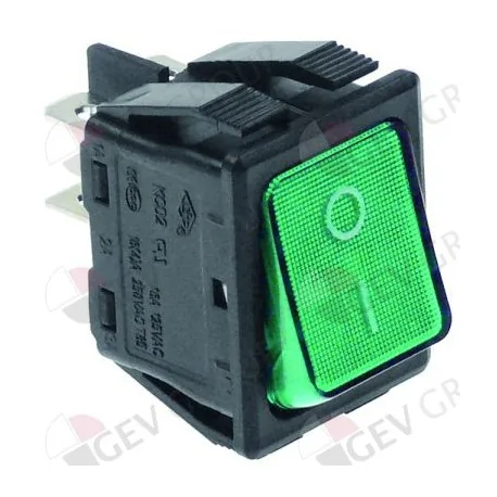 interruptor basculante 30x22mm verde 2NO 250V 16A iluminado 0-I empalme conector Faston 6,3mm 
