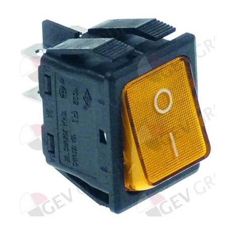 pulsador basculante 30x22mm naranja 2NO 250V 16A iluminado 0-I empalme conector Faston 6,3mm 
